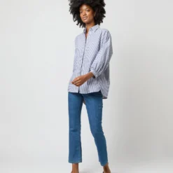 Volume Kimono Shirt In Blue/White Stripe Chambray -Modezzia Sales S70948 2263