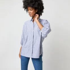 Volume Kimono Shirt In Blue/White Stripe Chambray -Modezzia Sales S70948 2279
