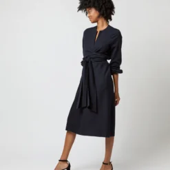 Alejandra Tie Dress In Navy Pinstripe Knit 11 Alejandra Tie Dress In Navy Pinstripe Knit -Modezzia Sales S71353 1310