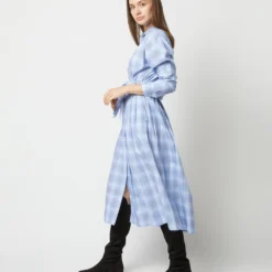 Kimono Shirtwaist Dress In Blue Multi Check Plaid Poplin -Modezzia Sales S71356 1085