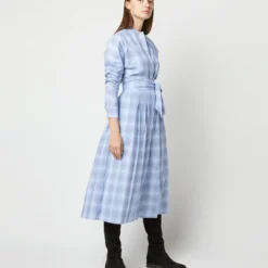 Kimono Shirtwaist Dress In Blue Multi Check Plaid Poplin -Modezzia Sales S71356 1112