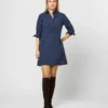 Long-Sleeved Popover Dress In Blue/Navy Leopard Print Nylon