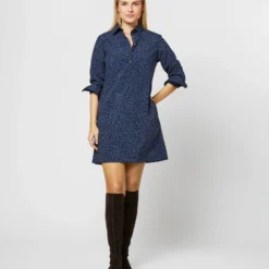 Long-Sleeved Popover Dress In Blue/Navy Leopard Print Nylon