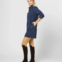 Long-Sleeved Popover Dress In Blue/Navy Leopard Print Nylon -Modezzia Sales S71357 748