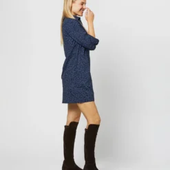 Long-Sleeved Popover Dress In Blue/Navy Leopard Print Nylon -Modezzia Sales S71357 764