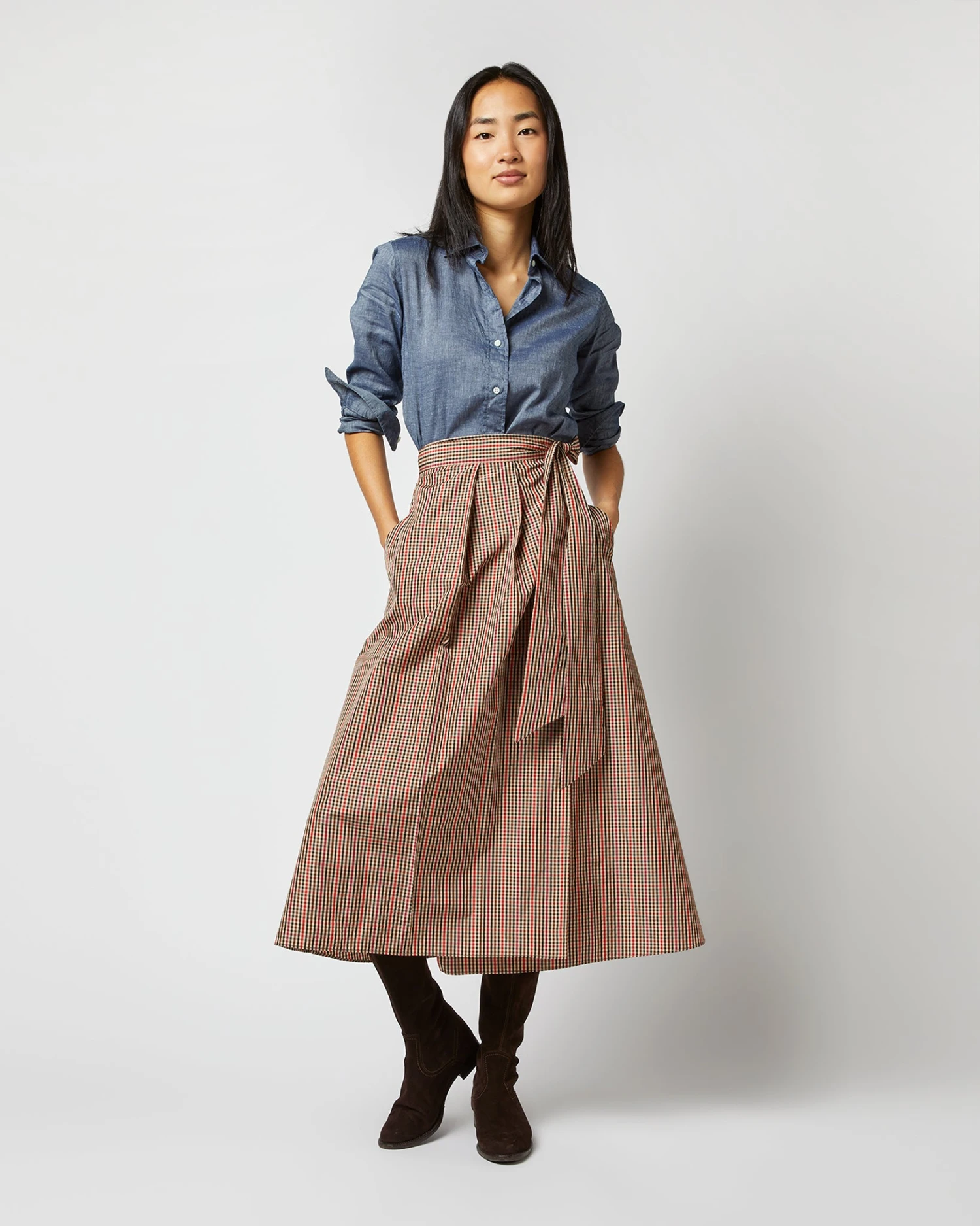 Elana Wrap Skirt In Red/Brown Check Taffeta 4 Elana Wrap Skirt In Red/Brown Check Taffeta - Image 2