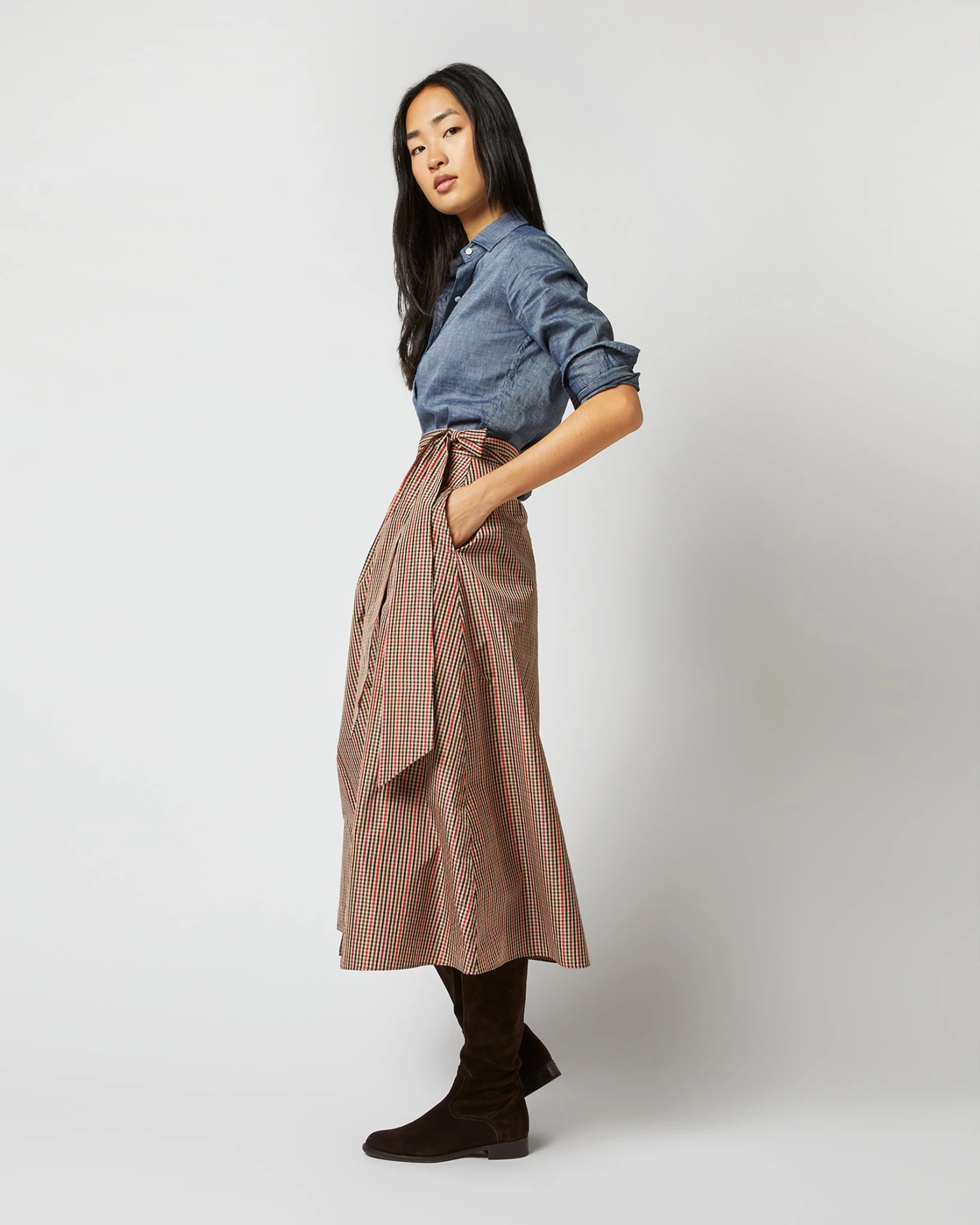 Elana Wrap Skirt In Red/Brown Check Taffeta 7 Elana Wrap Skirt In Red/Brown Check Taffeta - Image 5