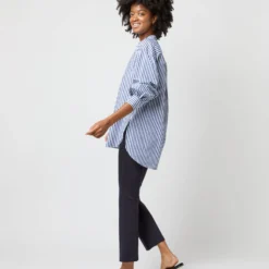 Indira Bib-Front Tunic In Navy Awning Stripe Poplin -Modezzia Sales S71362 1973