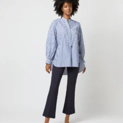 Indira Bib-Front Tunic In Navy Awning Stripe Poplin -Modezzia Sales S71362 1997