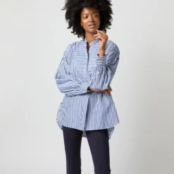 Indira Bib-Front Tunic In Navy Awning Stripe Poplin -Modezzia Sales S71362 2017