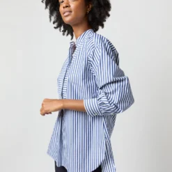 Indira Bib-Front Tunic In Navy Awning Stripe Poplin -Modezzia Sales S71362 2063