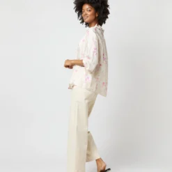 Button-Front Kamille Blouse In Khaki/Pink Butterflies Silk Twill -Modezzia Sales S71366 2599