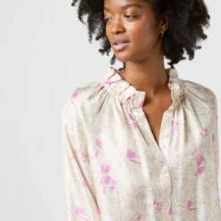 Button-Front Kamille Blouse In Khaki/Pink Butterflies Silk Twill -Modezzia Sales S71366 2651