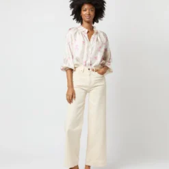 Button-Front Kamille Blouse In Khaki/Pink Butterflies Silk Twill -Modezzia Sales S71366 2668