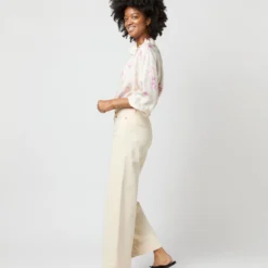 Button-Front Kamille Blouse In Khaki/Pink Butterflies Silk Twill -Modezzia Sales S71366 2685