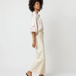 Button-Front Kamille Blouse In Khaki/Pink Butterflies Silk Twill -Modezzia Sales S71366 2693