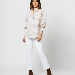 Anaya Popover Shirt In Taupe/White Multi Stripe Poplin