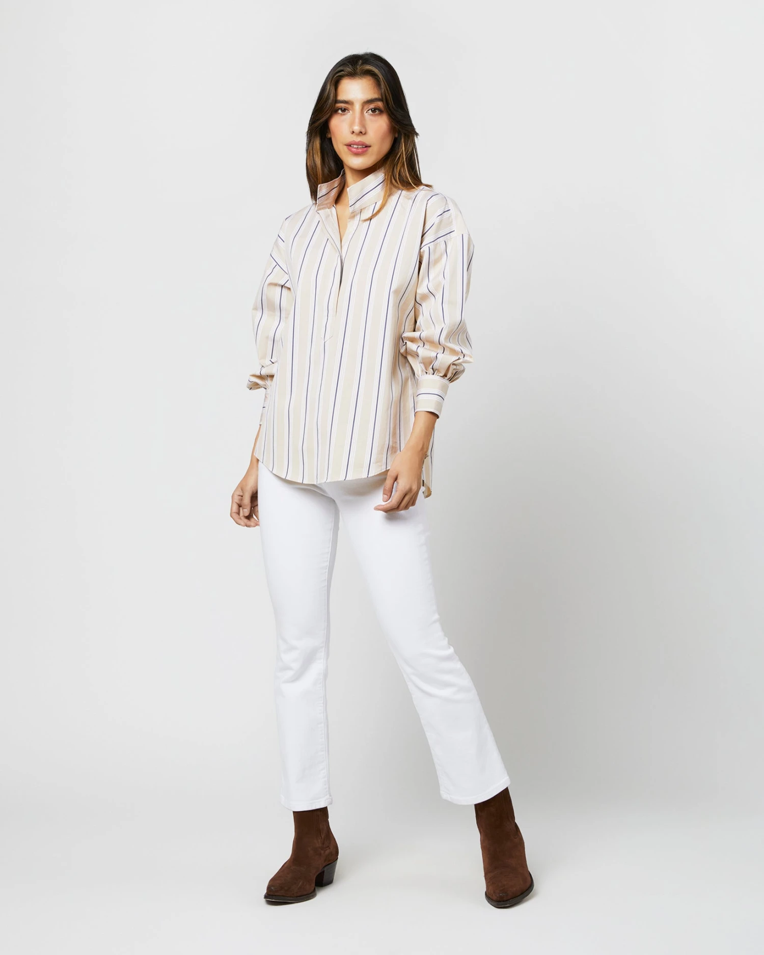 Anaya Popover Shirt In Taupe/White Multi Stripe Poplin 3 Anaya Popover Shirt In Taupe/White Multi Stripe Poplin