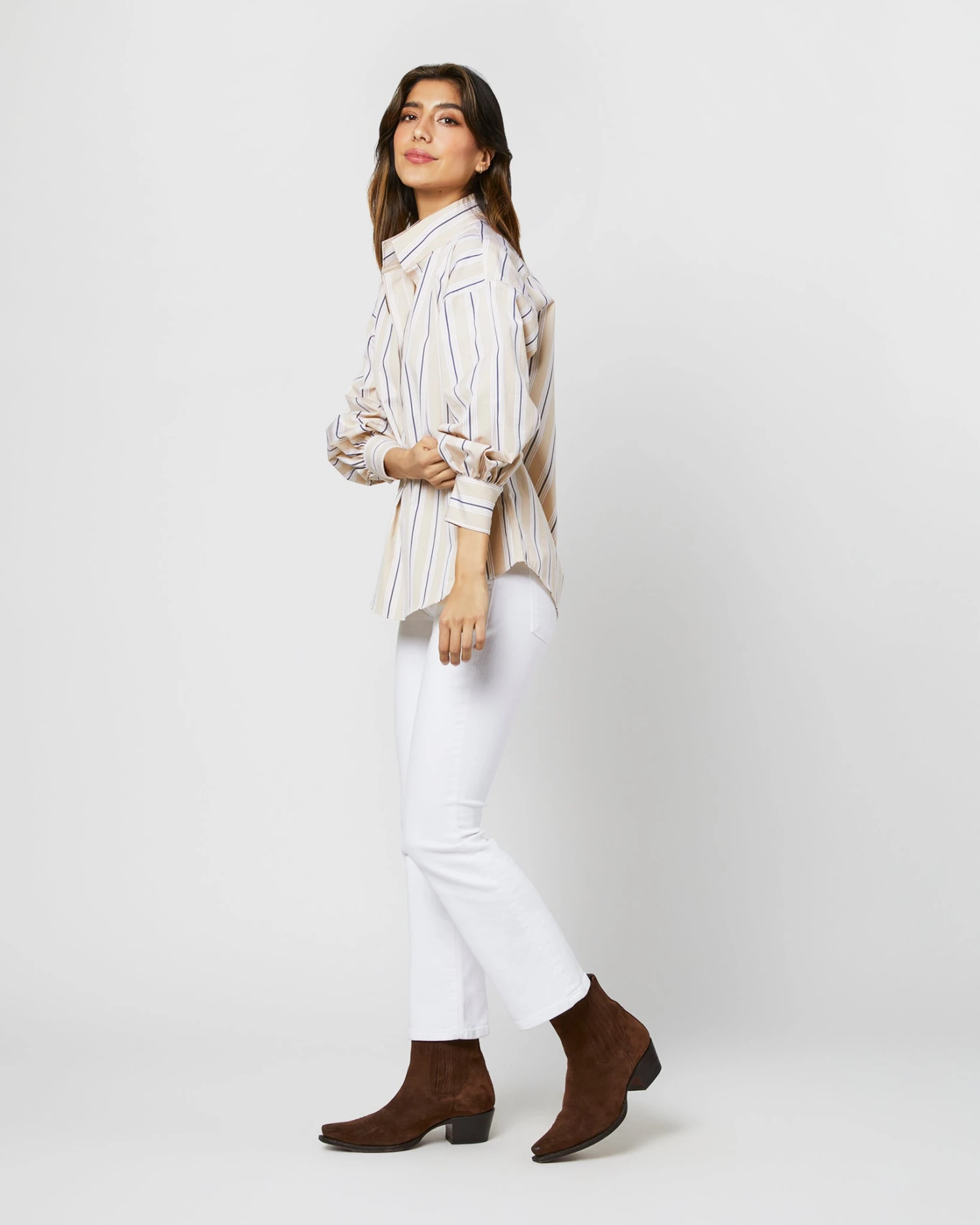 Anaya Popover Shirt In Taupe/White Multi Stripe Poplin 5 Anaya Popover Shirt In Taupe/White Multi Stripe Poplin - Image 3