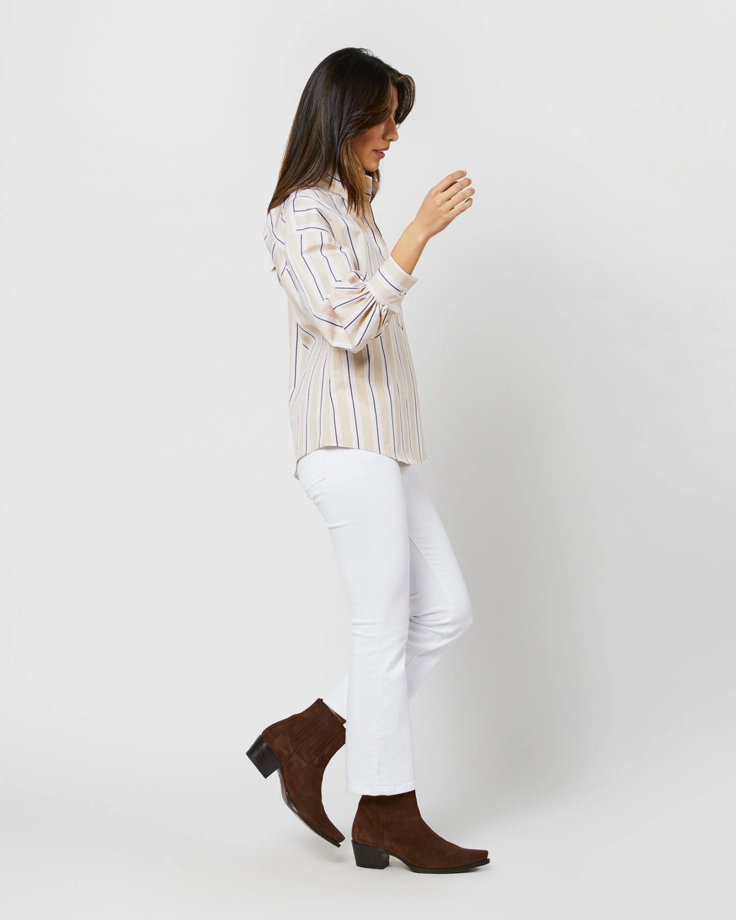 Anaya Popover Shirt In Taupe/White Multi Stripe Poplin 6 Anaya Popover Shirt In Taupe/White Multi Stripe Poplin - Image 4