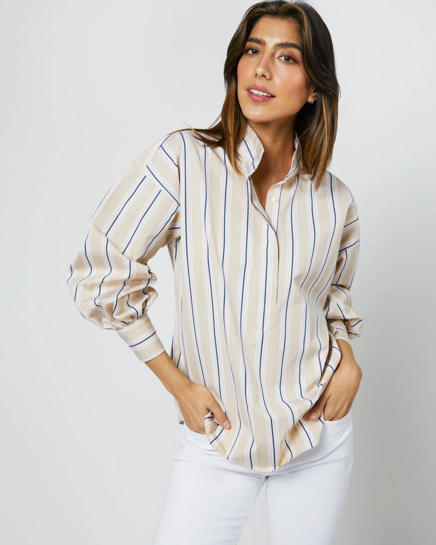 Anaya Popover Shirt In Taupe/White Multi Stripe Poplin 4 Anaya Popover Shirt In Taupe/White Multi Stripe Poplin - Image 2