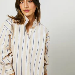 Anaya Popover Shirt In Taupe/White Multi Stripe Poplin 12 Anaya Popover Shirt In Taupe/White Multi Stripe Poplin -Modezzia Sales S71371 2155