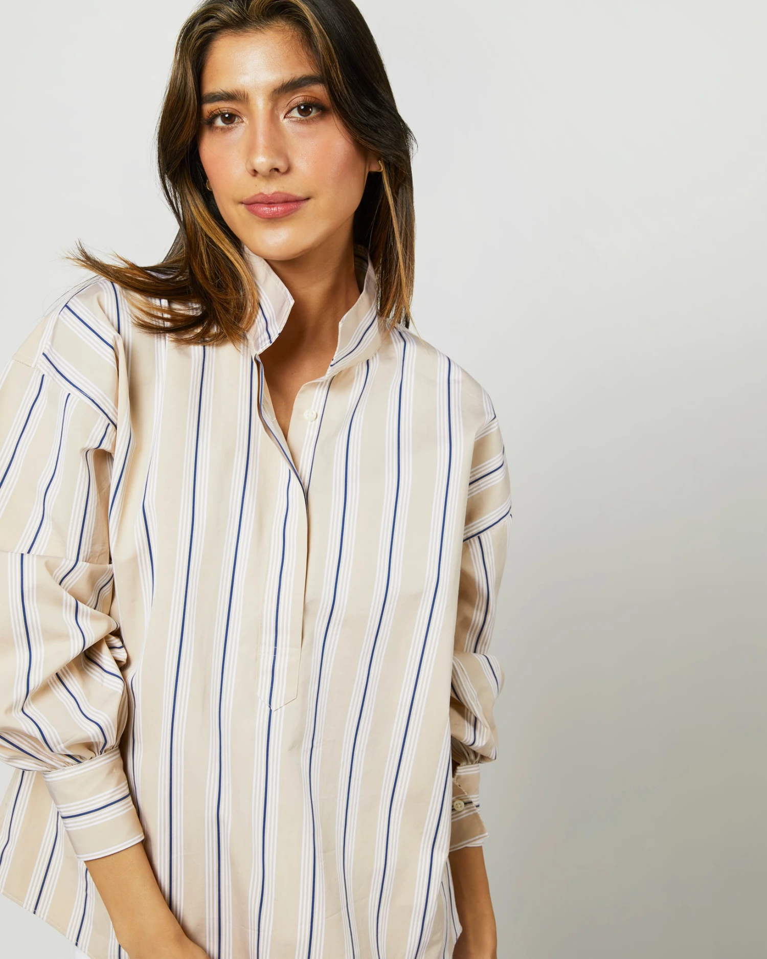 Anaya Popover Shirt In Taupe/White Multi Stripe Poplin 7 Anaya Popover Shirt In Taupe/White Multi Stripe Poplin - Image 5