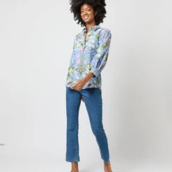 Geraldine Popover Shirt In Blue Multi Angela's Garden Habotai 12 Geraldine Popover Shirt In Blue Multi Angela's Garden Habotai -Modezzia Sales S71372 2348