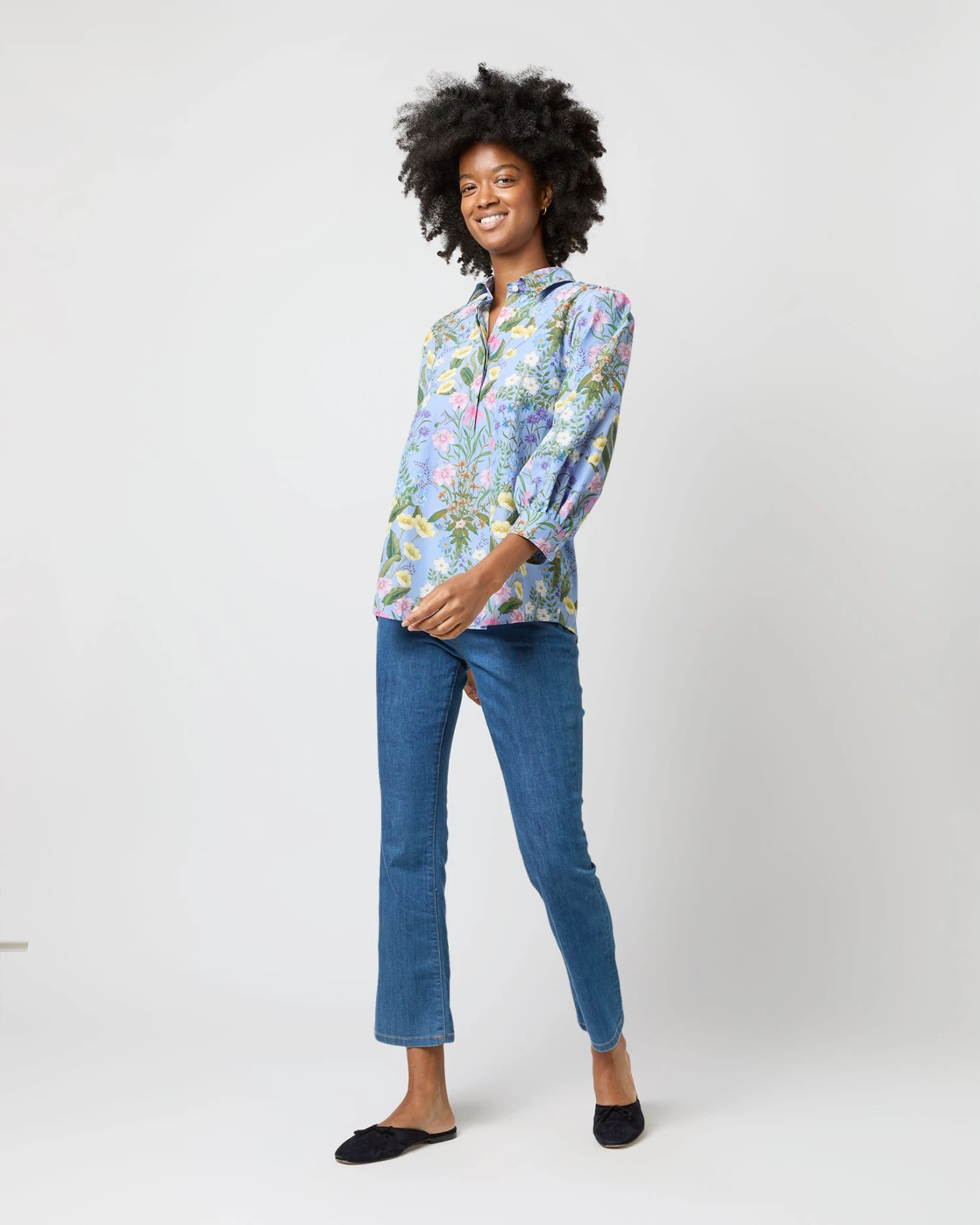 Geraldine Popover Shirt In Blue Multi Angela's Garden Habotai 6 Geraldine Popover Shirt In Blue Multi Angela's Garden Habotai - Image 4