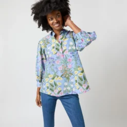 Geraldine Popover Shirt In Blue Multi Angela's Garden Habotai 14 Geraldine Popover Shirt In Blue Multi Angela's Garden Habotai -Modezzia Sales S71372 2391