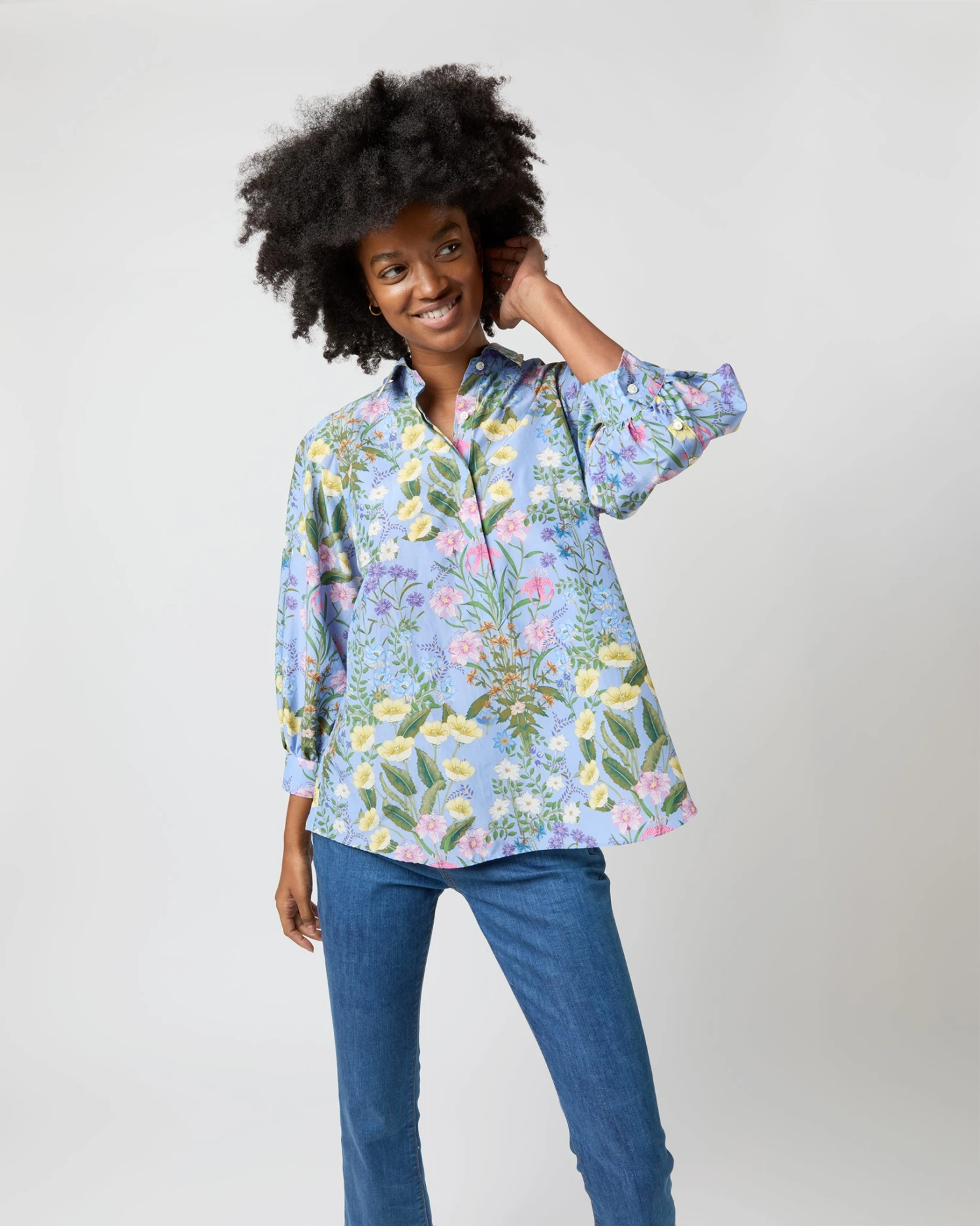 Geraldine Popover Shirt In Blue Multi Angela's Garden Habotai 8 Geraldine Popover Shirt In Blue Multi Angela's Garden Habotai - Image 6