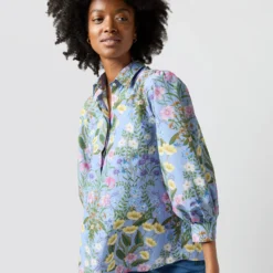 Geraldine Popover Shirt In Blue Multi Angela's Garden Habotai 11 Geraldine Popover Shirt In Blue Multi Angela's Garden Habotai -Modezzia Sales S71372 2401