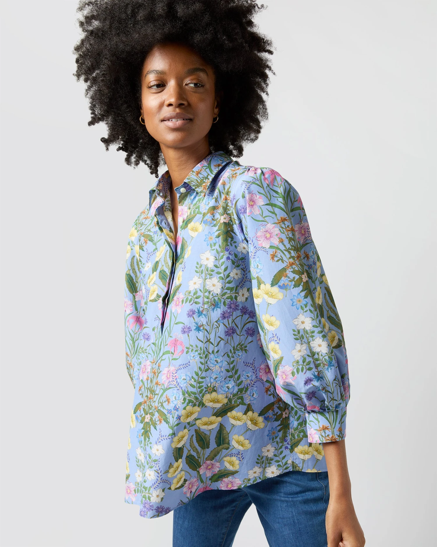 Geraldine Popover Shirt In Blue Multi Angela's Garden Habotai 5 Geraldine Popover Shirt In Blue Multi Angela's Garden Habotai - Image 3