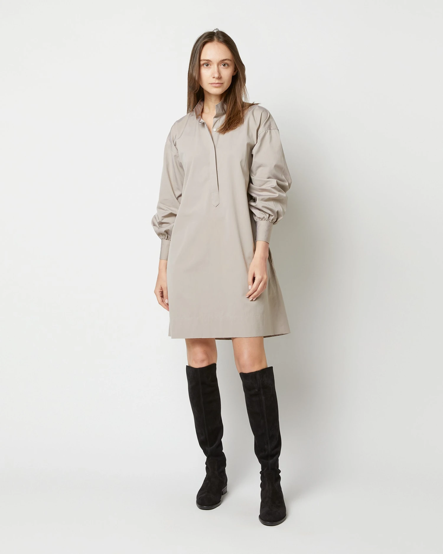 Anaya Popover Dress In Taupe Poplin 3 Anaya Popover Dress In Taupe Poplin