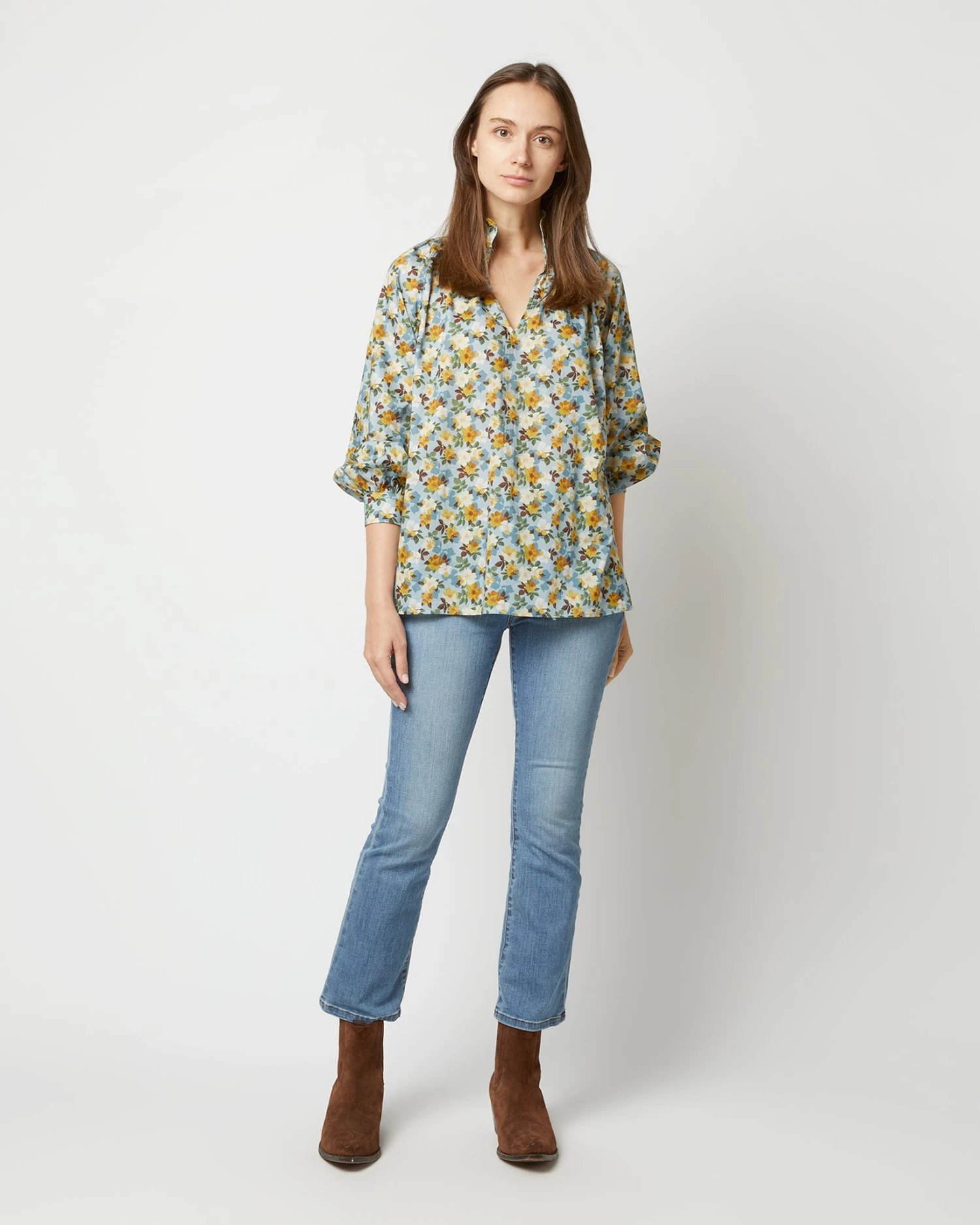 Long-Sleeved Maeve Smocking Top In Blue/Gold Nysa Liberty Fabric 3 Long-Sleeved Maeve Smocking Top In Blue/Gold Nysa Liberty Fabric