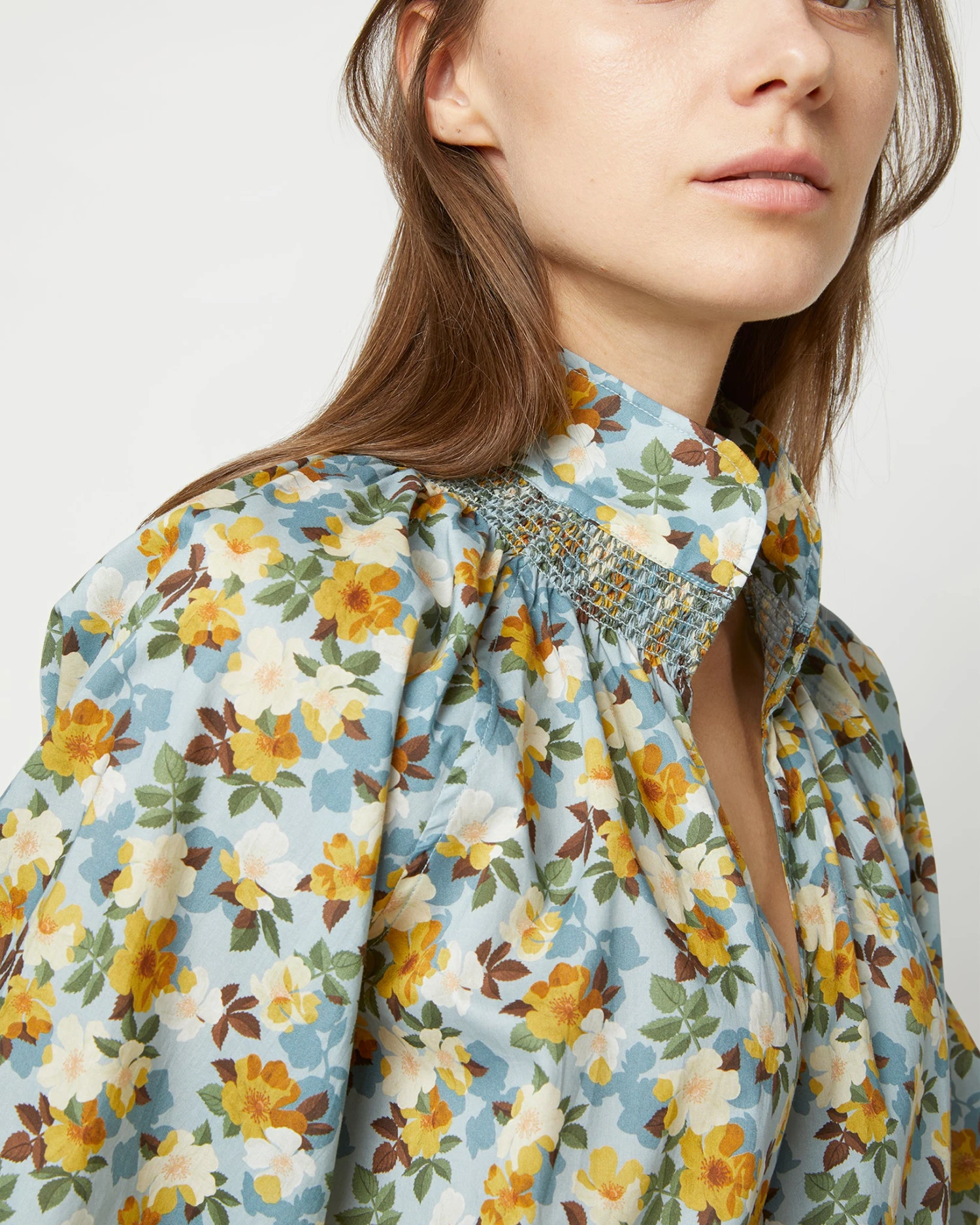 Long-Sleeved Maeve Smocking Top In Blue/Gold Nysa Liberty Fabric 4 Long-Sleeved Maeve Smocking Top In Blue/Gold Nysa Liberty Fabric - Image 2