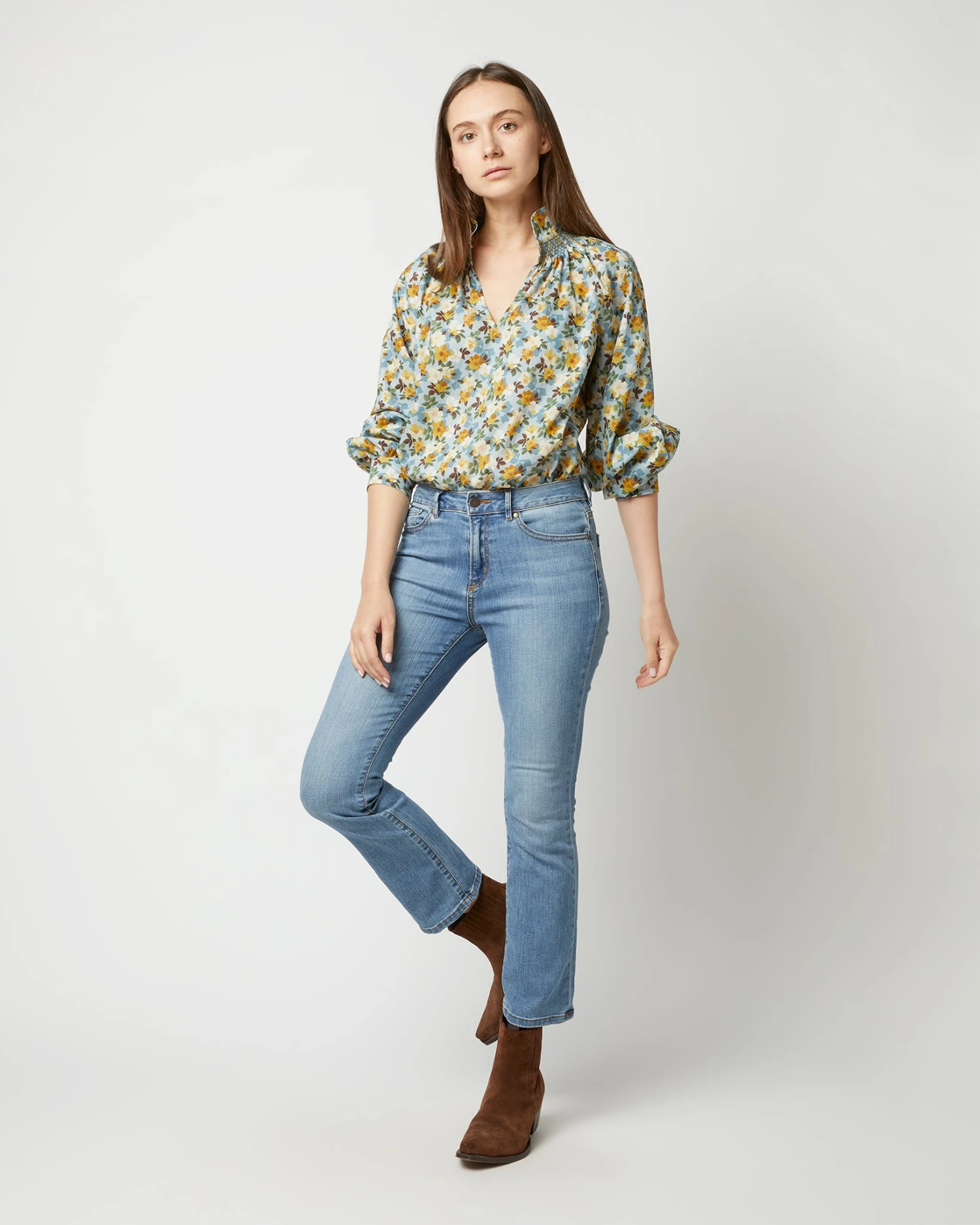 Long-Sleeved Maeve Smocking Top In Blue/Gold Nysa Liberty Fabric 9 Long-Sleeved Maeve Smocking Top In Blue/Gold Nysa Liberty Fabric - Image 7