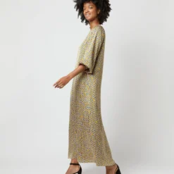 Long-Sleeved Paige Maxi Dress In Gold/Sapphire Sunflower Charmeuse -Modezzia Sales S71383 1066
