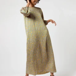 Long-Sleeved Paige Maxi Dress In Gold/Sapphire Sunflower Charmeuse -Modezzia Sales S71383 1113