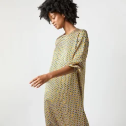 Long-Sleeved Paige Maxi Dress In Gold/Sapphire Sunflower Charmeuse -Modezzia Sales S71383 1145