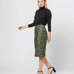 Pull-On Skirt In Hunter/Gold Floral Jacquard -Modezzia Sales S71395 1255