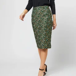 Pull-On Skirt In Hunter/Gold Floral Jacquard -Modezzia Sales S71395 1285