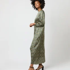 Long-Sleeved Paige Maxi Dress In Hunter/Gold Moon Flower Liberty Fabric Silk -Modezzia Sales S71396 1164
