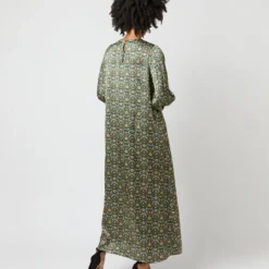Long-Sleeved Paige Maxi Dress In Hunter/Gold Moon Flower Liberty Fabric Silk -Modezzia Sales S71396 1176