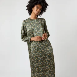 Long-Sleeved Paige Maxi Dress In Hunter/Gold Moon Flower Liberty Fabric Silk -Modezzia Sales S71396 1258
