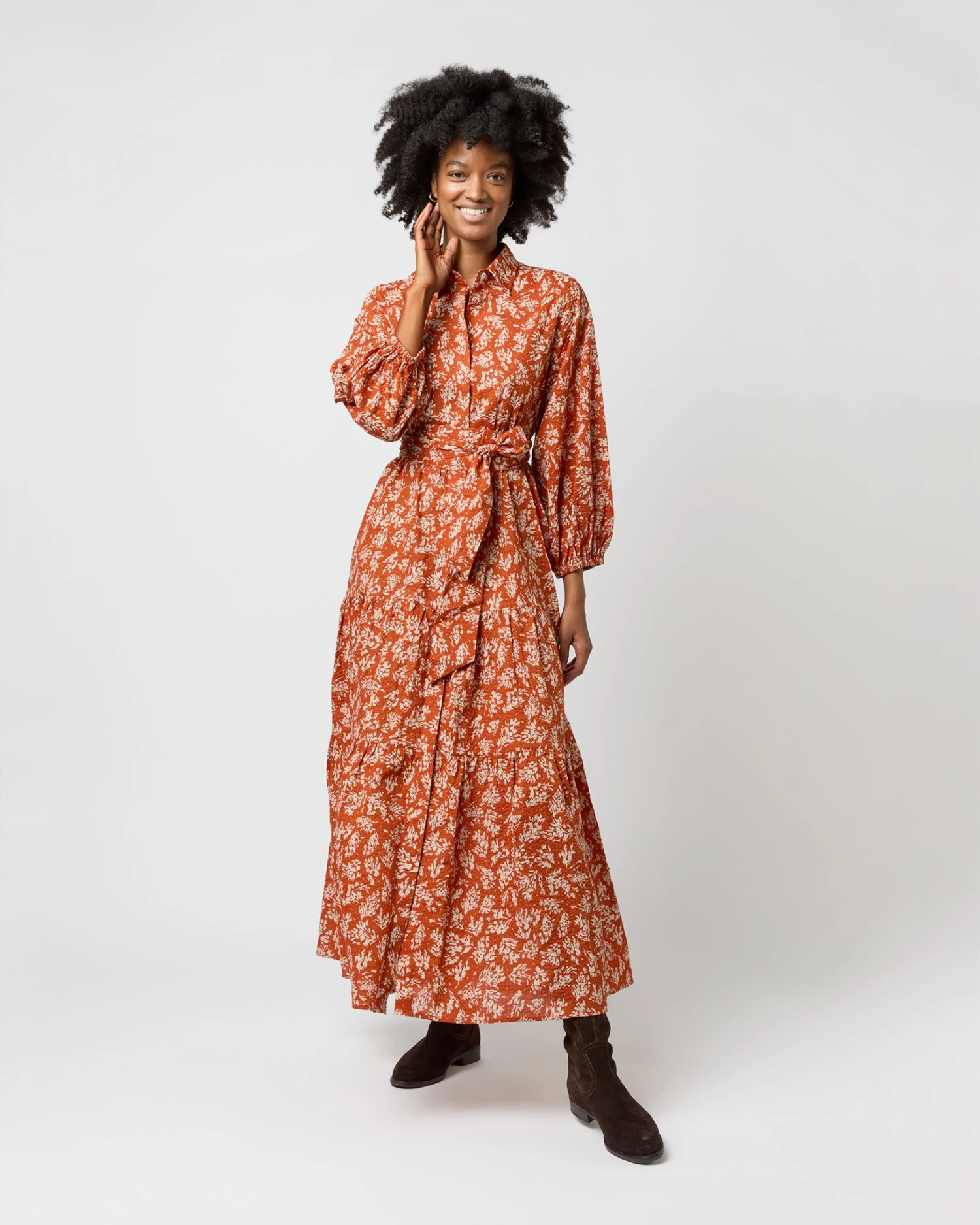 Isla Shirtdress In Orange Autumn Floral Crinkle Cotton 3 Isla Shirtdress In Orange Autumn Floral Crinkle Cotton