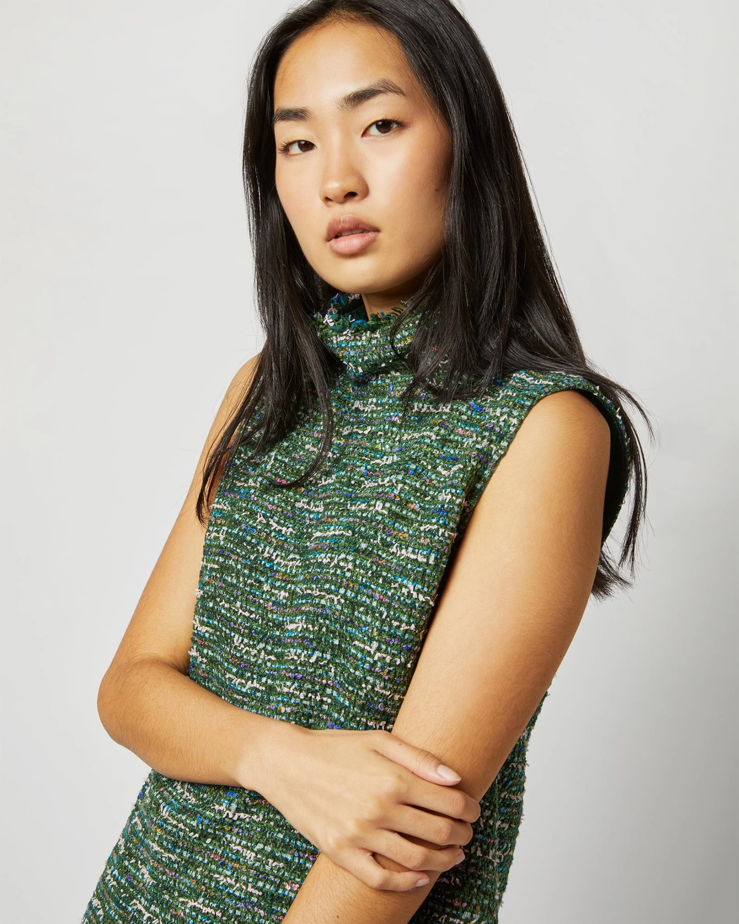 Sleeveless Ana Fringe Top In Green/Pink Tweed 4 Sleeveless Ana Fringe Top In Green/Pink Tweed - Image 2