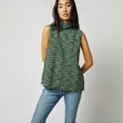 Sleeveless Ana Fringe Top In Green/Pink Tweed 12 Sleeveless Ana Fringe Top In Green/Pink Tweed -Modezzia Sales S71405 6179
