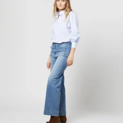 Anaya Popover Shirt In Light Blue Stripe Poplin -Modezzia Sales S71406 2189