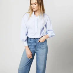 Anaya Popover Shirt In Light Blue Stripe Poplin -Modezzia Sales S71406 2215